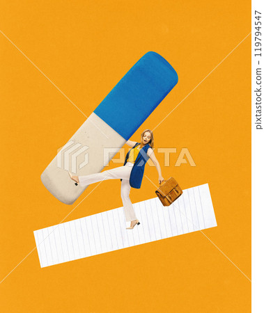 Contemporary art collage. Woman walks with giant eraser, leaving notebook sheet behind, as growth through learning from mistakes and refining ideas in business. 119794547