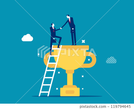 Partnership help success, support or mentor to assist to achieve goal and win together, teamwork, trust or leadership concept, businessman help colleagues to climb up ladder step on winning trophy. 119794645