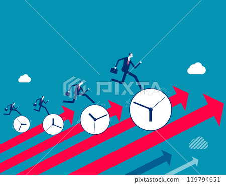 Time management, effort or efficiency boost, productivity to finish project, teamwork or planning, multitasking or finish work within deadline concept, business people riding clock up rising arrow. 119794651