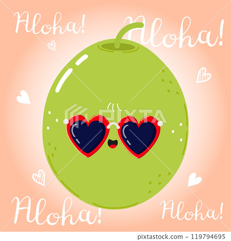 Cute cartoon olive wearing heart-shaped sunglasses on a light background. Vector hand drawn cartoon kawaii character illustration. Isolated on pink background. Green olive character concept. Aloha 119794695