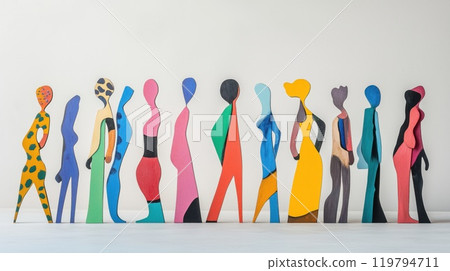 A series of cardboard cutout figures in bright colors are arranged in various expressive poses 119794711