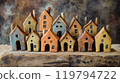 Colorful clay houses arranged on a rustic wooden table showcasing eco-friendly design 119794722