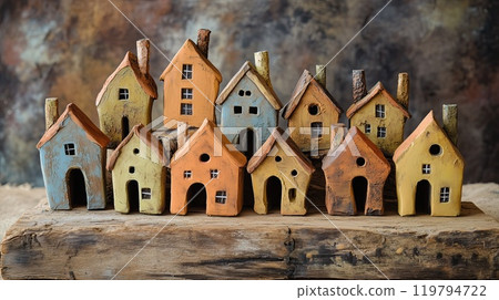 Colorful clay houses arranged on a rustic wooden table showcasing eco-friendly design 119794722
