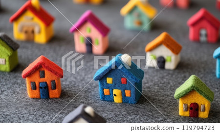 Colorful felt houses on a soft gray surface for educational and childcare settings 119794723
