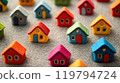 Colorful felt houses on a gray felt surface create a playful community design 119794724