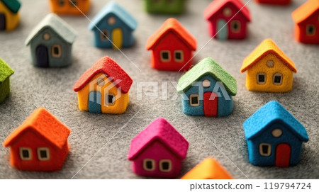 Colorful felt houses on a gray felt surface create a playful community design 119794724