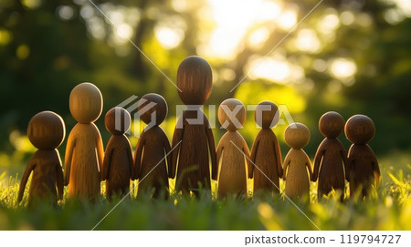 Intricately designed wooden figurines in a sunlit meadow embodying community spirit 119794727