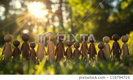 Intricately designed wooden figurines standing together in a sunlit meadow celebrating community 119794728