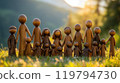 Intricately designed wooden figurines form a united community in a sunlit meadow 119794730