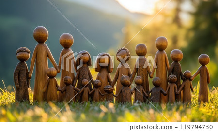 Intricately designed wooden figurines form a united community in a sunlit meadow 119794730