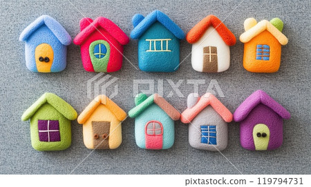 Colorful felt houses arranged on a soft gray felt surface for a creative community theme 119794731