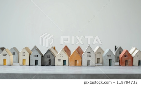 Miniature concrete houses aligned on smooth gray tabletop for urban planning presentations 119794732