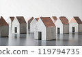 Miniature concrete houses neatly aligned on a smooth tabletop for urban planning presentations 119794735