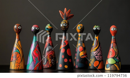 Colorful hand-painted ceramic figurines displayed on a black table against a plain background 119794736