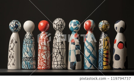 Hand-painted ceramic figurines displayed on a sleek black table against a plain background 119794737