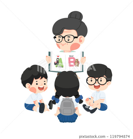 A group of children sitting in a circle around a teacher 119794874