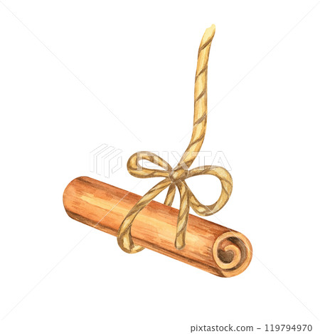 Cinnamon stick bundled with a yellow rustic twine bow. Baking spice isolated watercolor clipart. This artwork is perfect for holiday packaging, handmade product branding, and seasonal decor design Cinnamon stick bundled with a yellow rustic twine bow. Baking spice isolated watercolor clipart. This artwork is perfect for holiday packaging, handmade product branding, and seasonal decor design 119794970