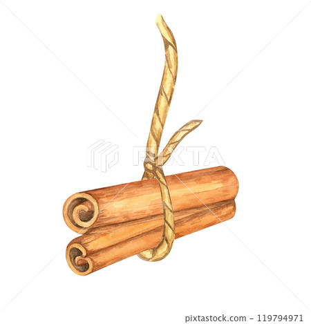 Two cinnamon sticks tied with a rustic string. Spice for baking. Isolated watercolor clipart. Suitable for food packaging, spice product branding, or eco-friendly merchandise designs Two cinnamon sticks tied with a rustic string. Spice for baking. Isolated watercolor clipart. Suitable for food packaging, spice product branding, or eco-friendly merchandise designs 119794971