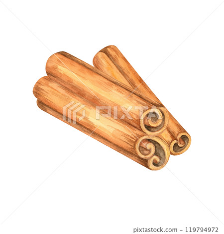 A set of three rolled cinnamon sticks in shades of rich brown. Isolated watercolor illustration. Spices clipart. Ideal for recipe cards, food blogs, restaurant menus, or seasonal merchandise A set of three rolled cinnamon sticks in shades of rich brown. Isolated watercolor illustration. Spices clipart. Ideal for recipe cards, food blogs, restaurant menus, or seasonal merchandise 119794972
