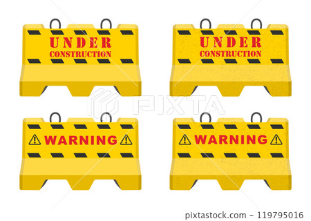 Realistic concrete road barrier icon symbol set. Under construction, warning barricades sign collection. Vector illustration image. Isolated on white background. 119795016