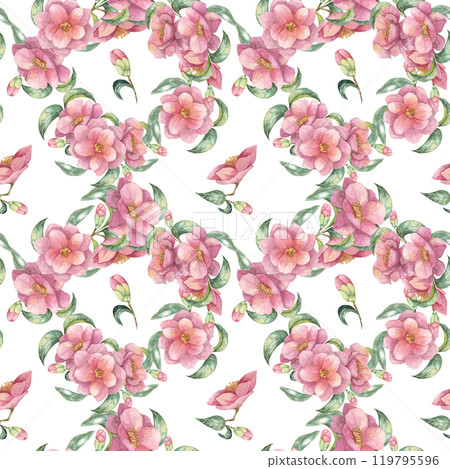 A seamless pattern of pink camellia flowers, buds and green leaves, illustrated in watercolor. This clipart is perfect for use in textile design, greeting cards, or wrapping paper 119795596