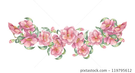 Camelia japonica flowers band with green leaves in watercolor. Hand-drawn isolated floral Clipart of pink blooming flowers, composition for wrapping paper, tote bags, wedding invitations, stationery Camelia japonica flowers band with green leaves in watercolor. Hand-drawn isolated floral Clipart of pink blooming flowers, composition for wrapping paper, tote bags, wedding invitations, stationery 119795612