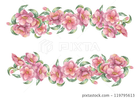 Arrangement of pink camellia flowers and green leaves forming a rectangular frame. Watercolor clipart with two floral borders for decorating invitations, announcements, or packaging 119795613