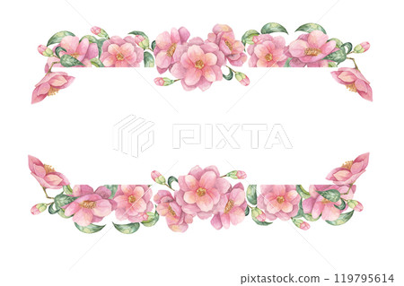 Camellia frame in a rectangular shape with pink blossoms and green foliage. Isolated Floral watercolor clipart for creating wedding invitations, stationery, birthday or save the date cards 119795614