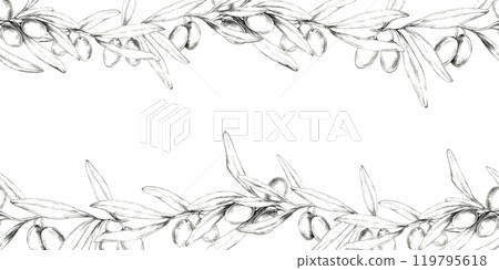 A refined pencil drawing clipart of a horizontally extended olive branch. Seamless border Perfect for use in product packaging, website headers, or as a decorative element in print and digital designs A refined pencil drawing clipart of a horizontally extended olive branch. Seamless border Perfect for use in product packaging, website headers, or as a decorative element in print and digital designs 119795618