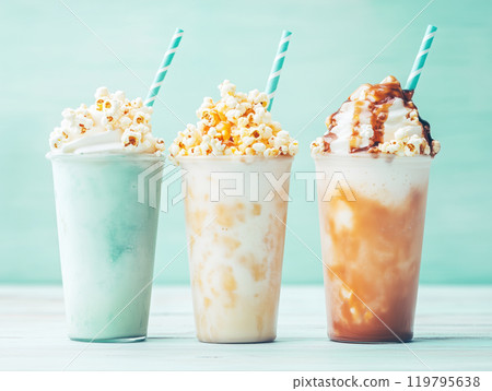 Iced caramel milkshakes with popcorn 119795638