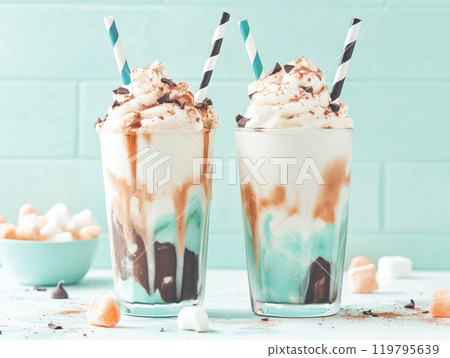 chocolate milkshake with whipped cream and marshmallows 119795639
