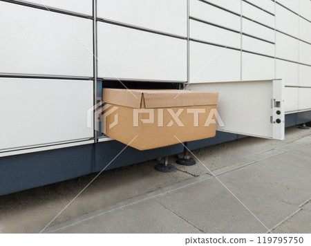 Cardboard Box in Open Parcel Locker Compartment 119795750