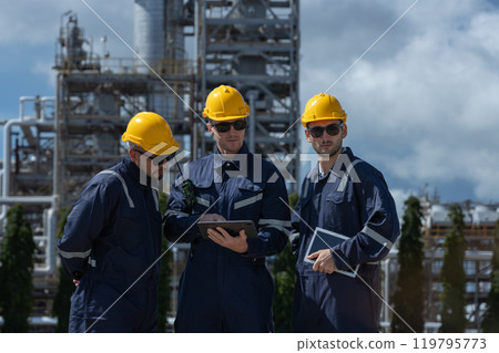 Engineer working using tablet together at station refining oil petrochemical. Technician worker check quality oil industry factory. Inspector standing at zone gas with refinery building background. Engineer working using tablet together at station refining oil petrochemical. Technician worker check quality oil industry factory. Inspector standing at zone gas with refinery building background. 119795773