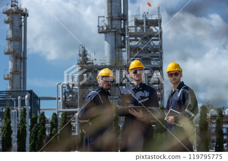 Engineer working using tablet together at station refining oil petrochemical. Technician worker check quality oil industry factory. Inspector standing at zone gas with refinery building background. Engineer working using tablet together at station refining oil petrochemical. Technician worker check quality oil industry factory. Inspector standing at zone gas with refinery building background. 119795775