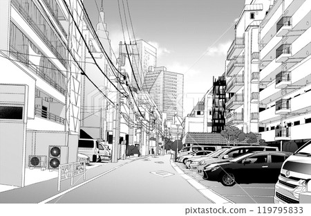 Manga style pen drawing illustration Downtown _ Cityscape 119795833