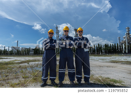 portrait of teamwork professional electrical engineer safety uniform each other together standing refining oil petrochemical industry. Technician worker at zone gas with refinery building background. portrait of teamwork professional electrical engineer safety uniform each other together standing refining oil petrochemical industry. Technician worker at zone gas with refinery building background. 119795852