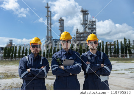portrait of teamwork professional electrical engineer safety uniform each other together standing refining oil petrochemical industry. Technician worker at zone gas with refinery building background. portrait of teamwork professional electrical engineer safety uniform each other together standing refining oil petrochemical industry. Technician worker at zone gas with refinery building background. 119795853