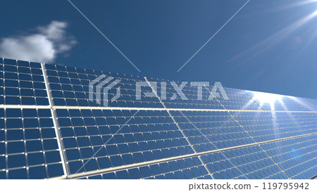Solar panel background. Sun Above the Solar Farm. 3d rendering 119795942