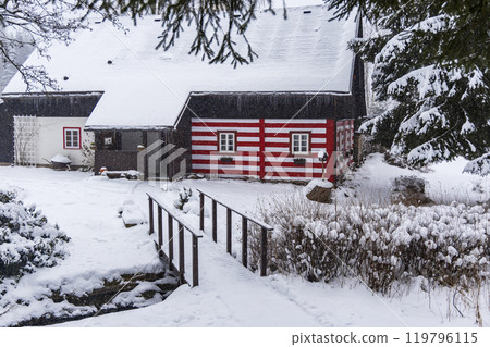 Old wooden log cottages, Orlicke Mountains, Eastern Bohemia, Czech Republic 119796115