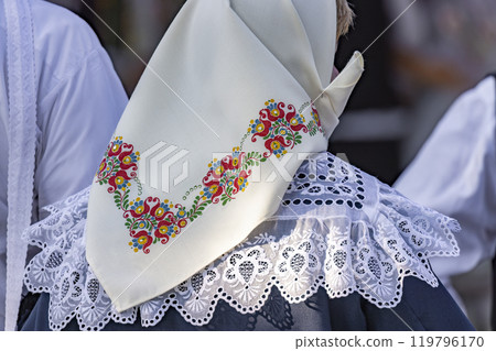 Detail of folk costume, Rakvice, Southern Moravia, Czech Republic Detail of folk costume, Rakvice, Southern Moravia, Czech Republic 119796170