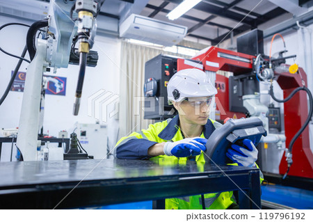 Technician engineer using remote control automation robotics at industrial modern lab factory. male team technological researching and developing working at factory innovation automation robot. Technician engineer using remote control automation robotics at industrial modern lab factory. male team technological researching and developing working at factory innovation automation robot. 119796192