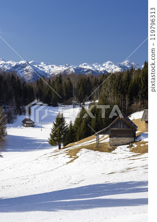 Typical wooden log cabins in Gorjuse, Triglavski national park, Slovenia Typical wooden log cabins in Gorjuse, Triglavski national park, Slovenia 119796313