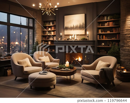 Cozy living room interior with armchairs and fireplace. Christmas concept 119796644