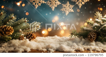 Abstract New Year background with fir branches, cones, snow. Lots snowflakes Abstract New Year background with fir branches, cones, snow. Lots snowflakes 119796795