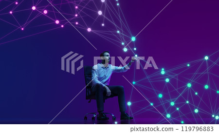 Businessman in suit reaches out to touch network of connected data points, symbolizing modern data analytics. Digital information in business. Businessman in suit reaches out to touch network of connected data points, symbolizing modern data analytics. Digital information in business. 119796883