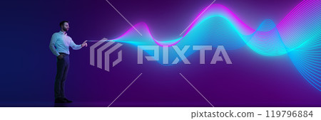 Banner. Businessman interacting with digital wave of data, representing analytics and futuristic technology. Data visualization futuristic technology. 119796884