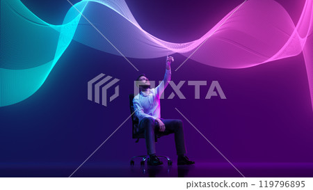 Businessman sits, engaging with stream of interactive data in digital environment, symbolizing data analysis and artificial intelligence 119796895