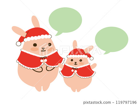 A mother and child rabbit dressed as Santa Claus, with speech bubbles 119797196
