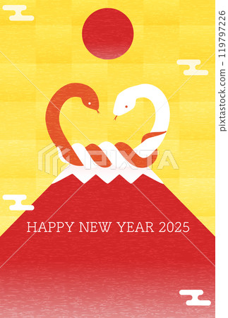 New Year's card for 2025, Year of the Snake, with a knotted red and white snake and red Mt. Fuji 119797226