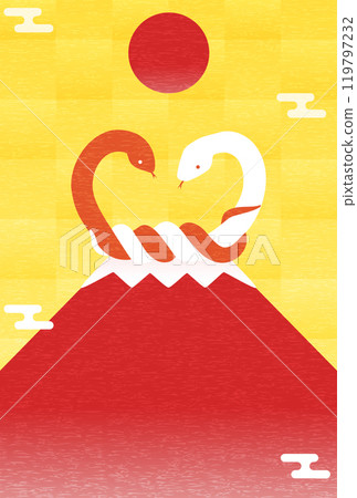 New Year's card for 2025, Year of the Snake, with a knotted red and white snake and red Mt. Fuji 119797232